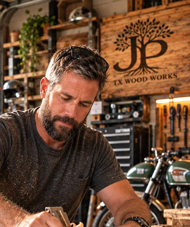 Joe Platt working a hand plane across a reclaimed-wood bench in the TX Wood Works shop, with the JP sign and a vintage motorcycle behind him