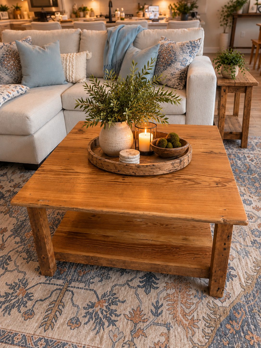 Square Martindale reclaimed longleaf pine coffee table with a lower shelf, styled in a living room