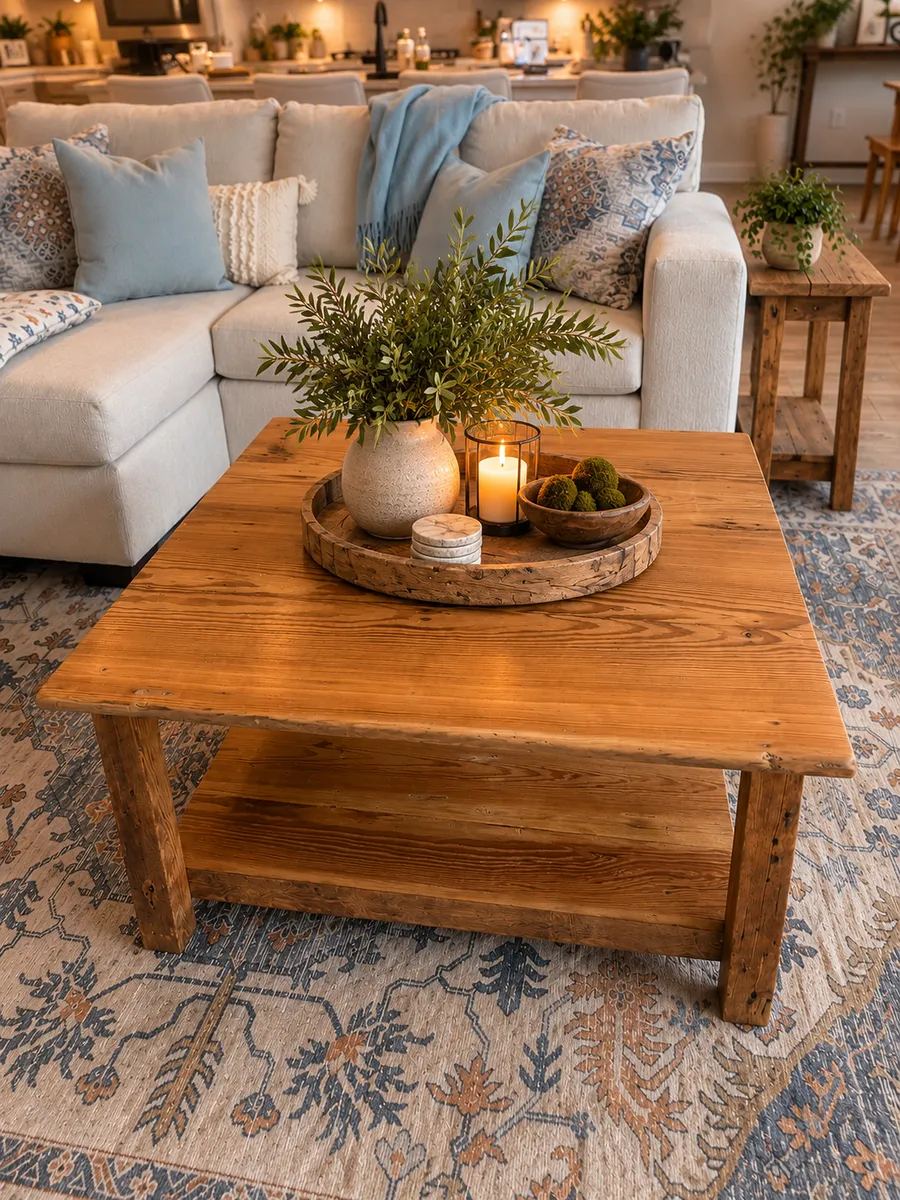 Square reclaimed longleaf pine coffee table from the Martindale Collection in a bright living room
