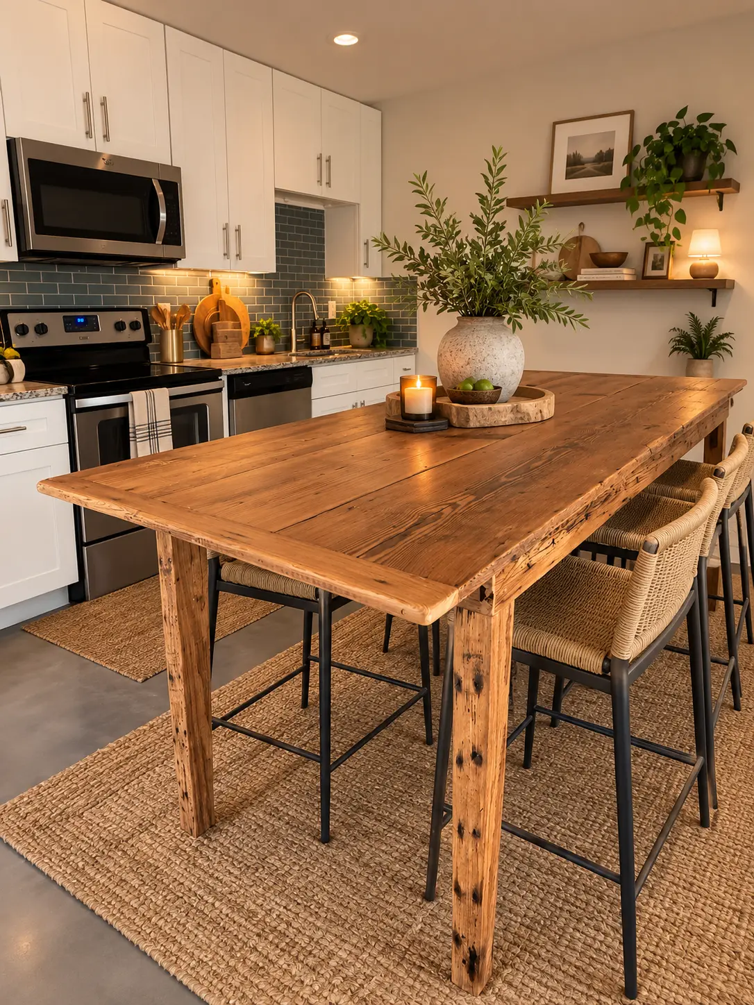 Counter-height reclaimed longleaf pine kitchen table with woven bar stools in a client's kitchen